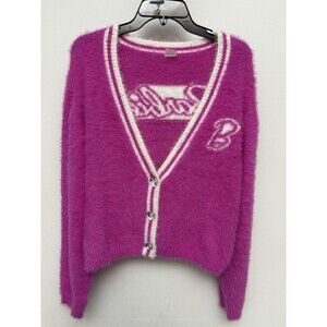 Barbie Womens XL Cropped Cardigan Sweater Pink Fuzzy Knit Varsity Heart Buttons